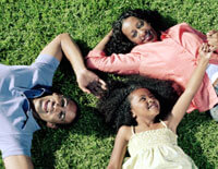 Family laying on grass